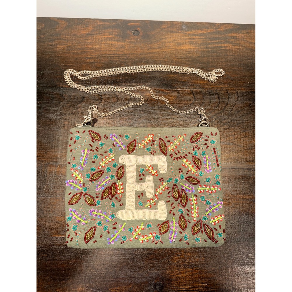 America & Beyond Beaded Monogram‎ E Crossbody Bag Olive Green Floral Boho Clutch